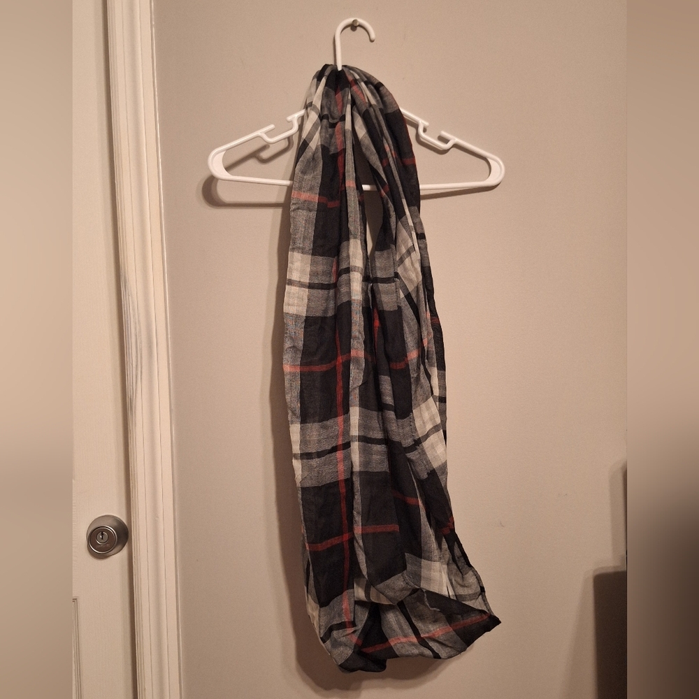 V.Fraas Plaid Infinity Scarf with Red and Gray Accents